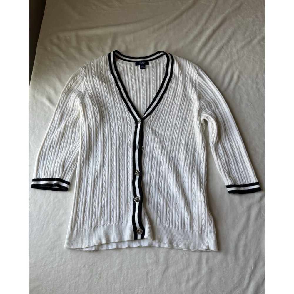 Chaps White W/Black Trim V-Neck Cardigan Sweater 100% Cotton Women's 2X